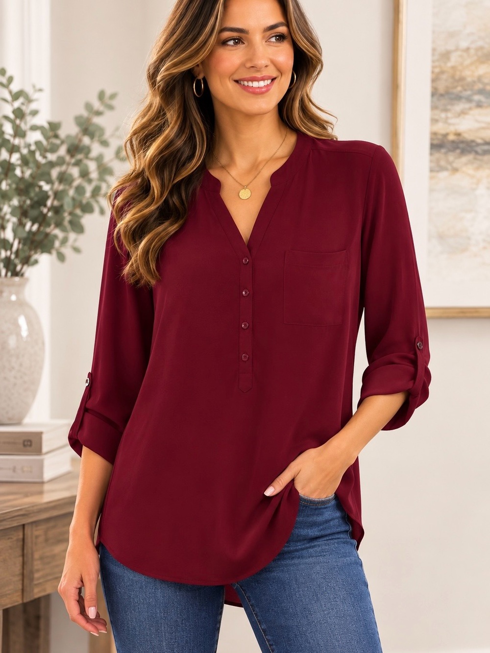 Worthington Women’s Burgundy Roll Tab Sleeve Tunic Blouse Top Size XL